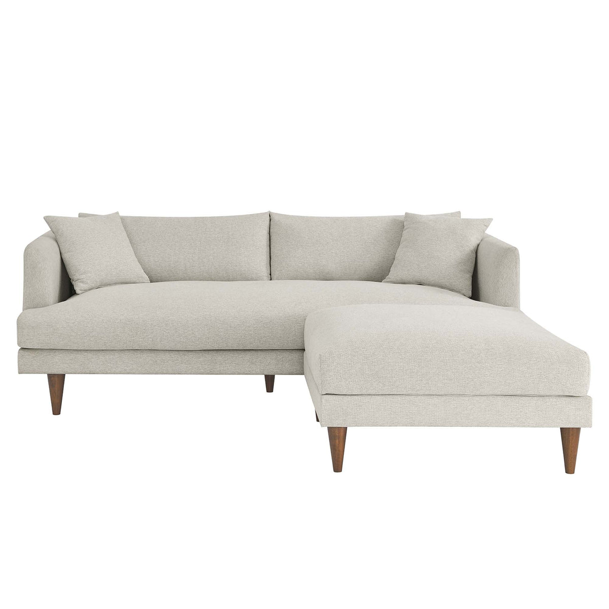Zoya down filled overstuffed sofa and ottoman in light beige fabric with tapered wood legs on Tampa Home & Garden Store