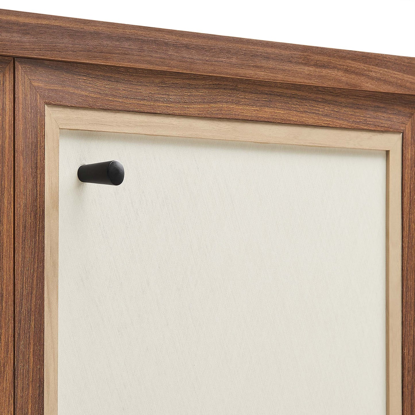Capri 33in wood grain storage cabinet closeup with dark brown frame and black knob on Tampa Home & Garden Store