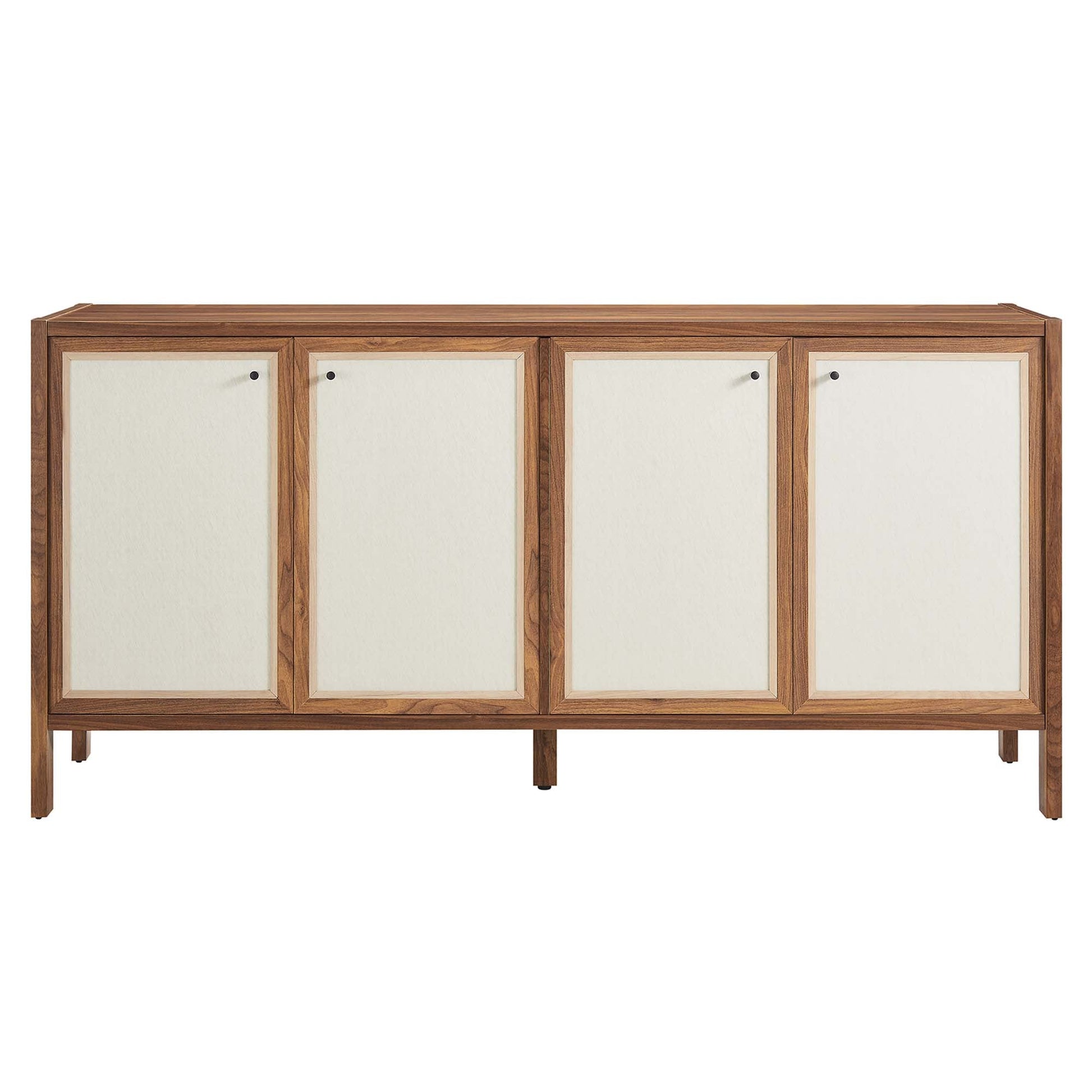 Capri 65in wood grain sideboard with white paneled doors, four-door storage, black knobs on Tampa Home & Garden Store