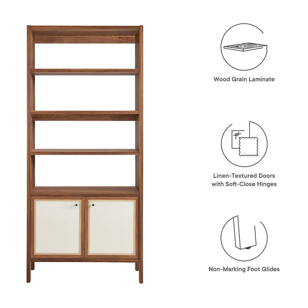 Capri 4-Shelf Wood Grain Bookcase by Modway with open shelves and two linen-textured cabinet doors on Tampa Home & Garden Store