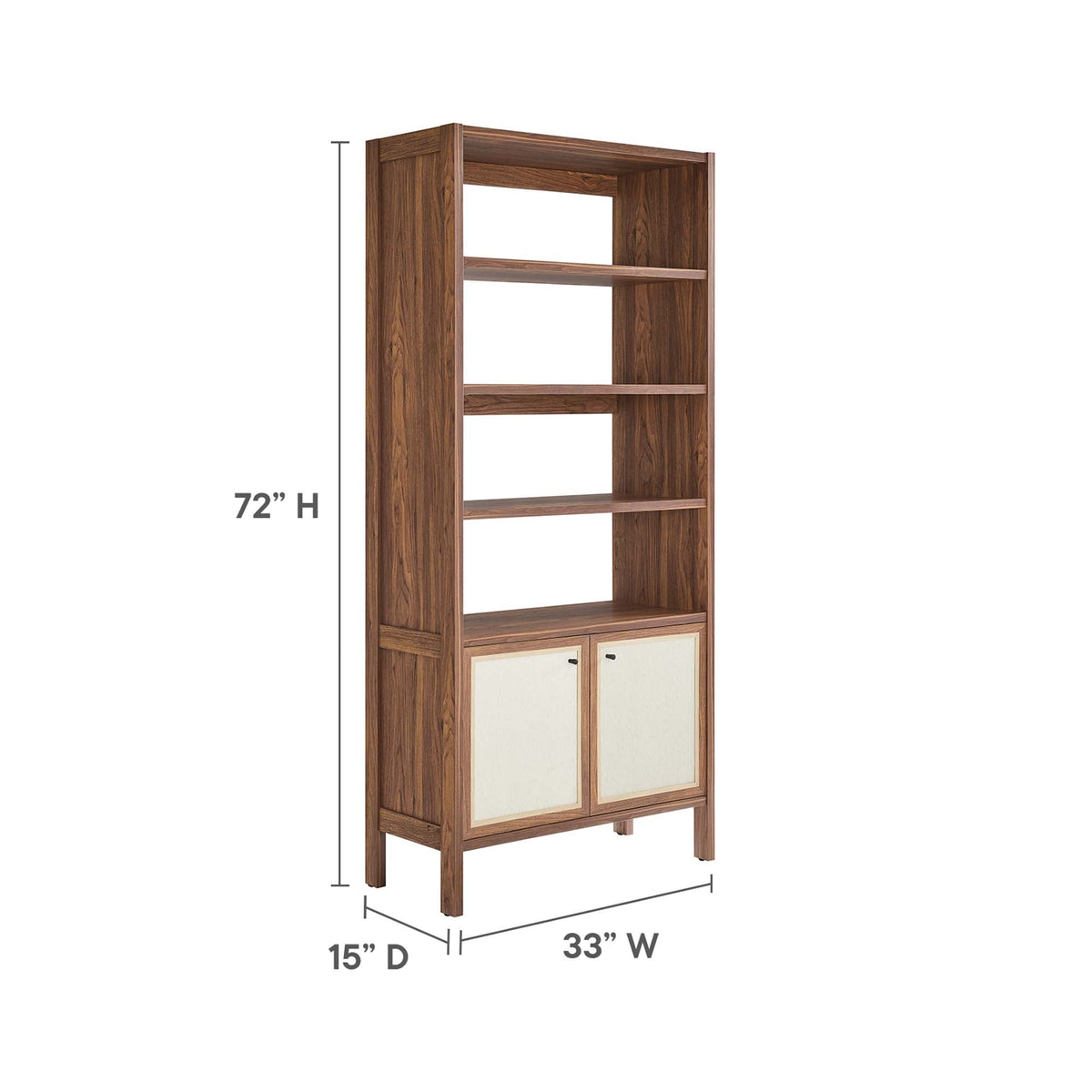 Capri 4-Shelf Wood Grain Bookcase with cabinet doors, walnut finish, 72in tall, Modway on Tampa Home & Garden Store