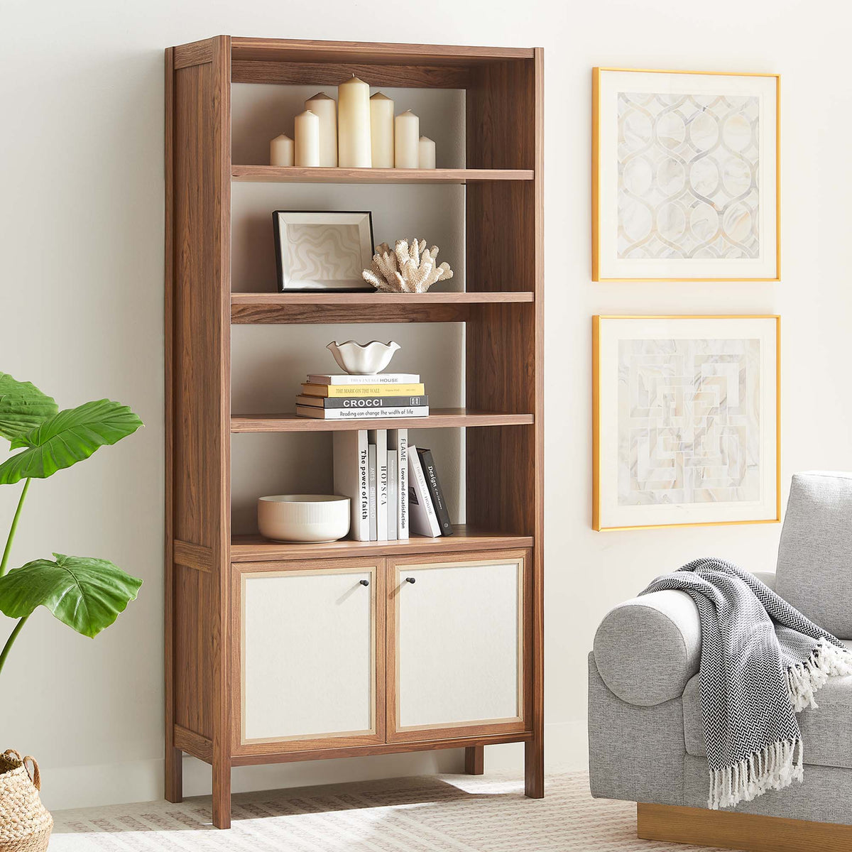 Capri 4-Shelf Wood Grain Bookcase by Modway, walnut finish with open shelves for living room on Tampa Home & Garden Store