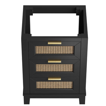 Dixie 24in solid wood bathroom vanity cabinet in black with cane panel fronts and brass pulls on Tampa Home & Garden Store