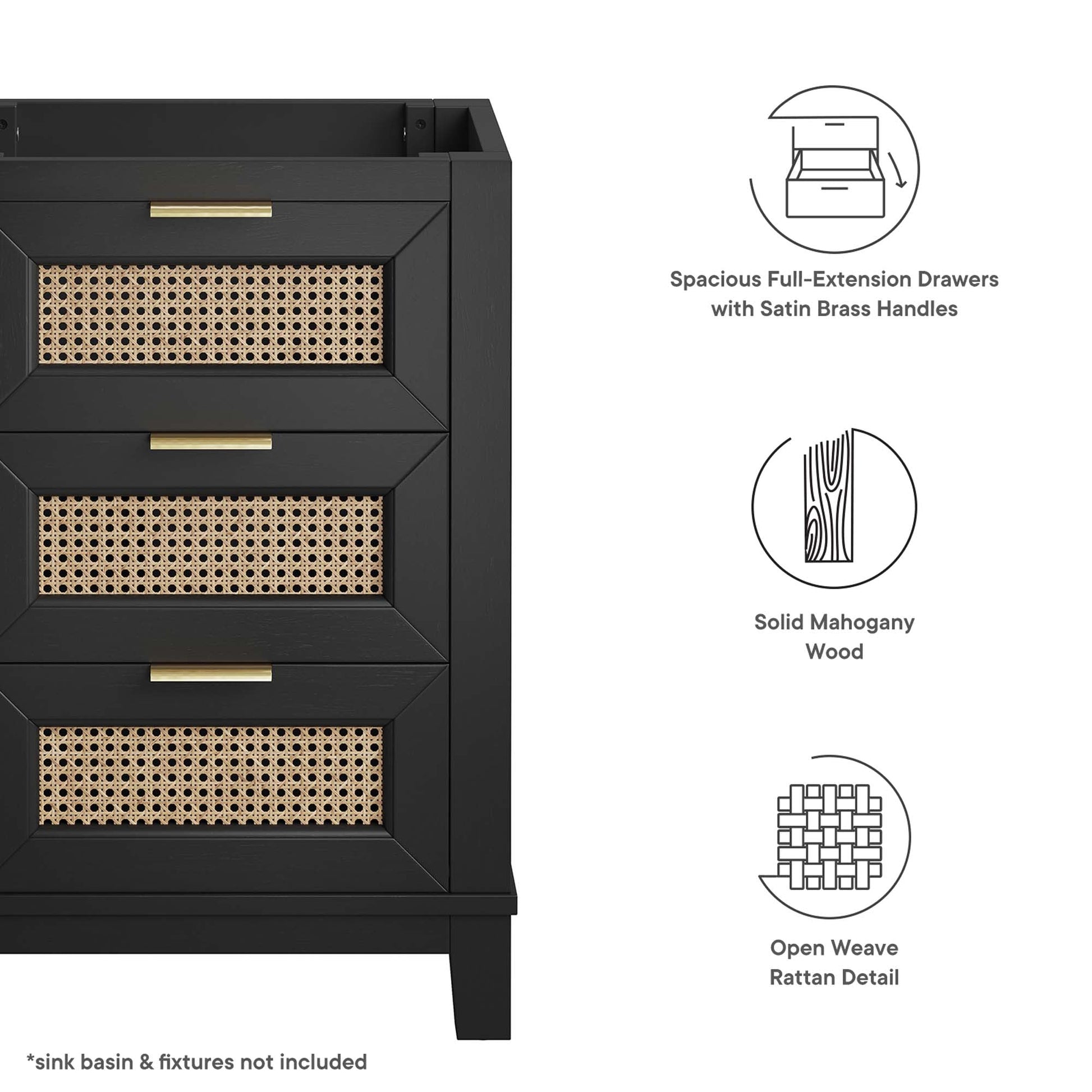 Dixie 24in solid wood bathroom vanity by HouseOfZazla with dark finish and cane drawer fronts on Tampa Home & Garden Store