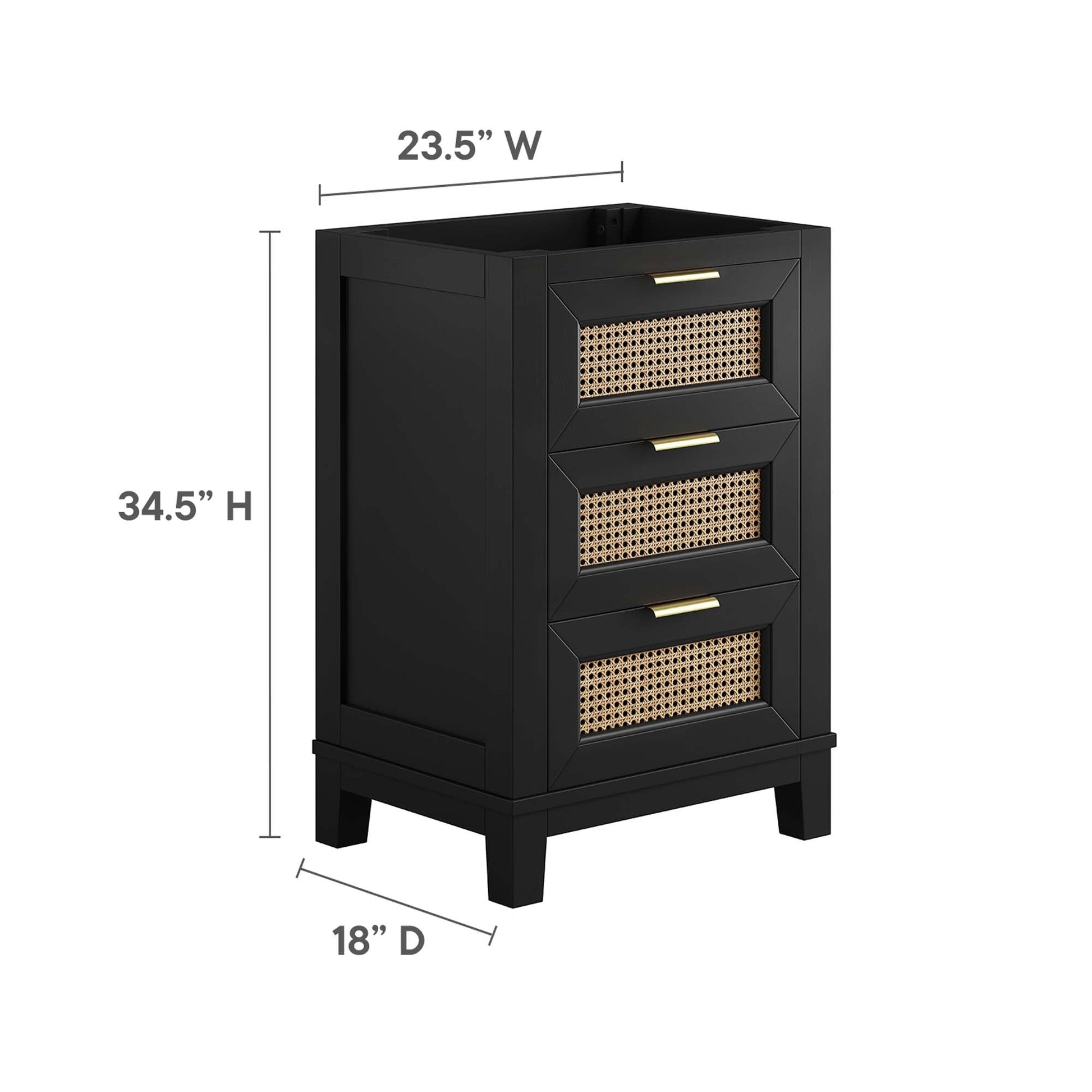 Dixie 24in Solid Wood Bathroom Vanity Cabinet, black with cane-front drawers and gold pulls on Tampa Home & Garden Store