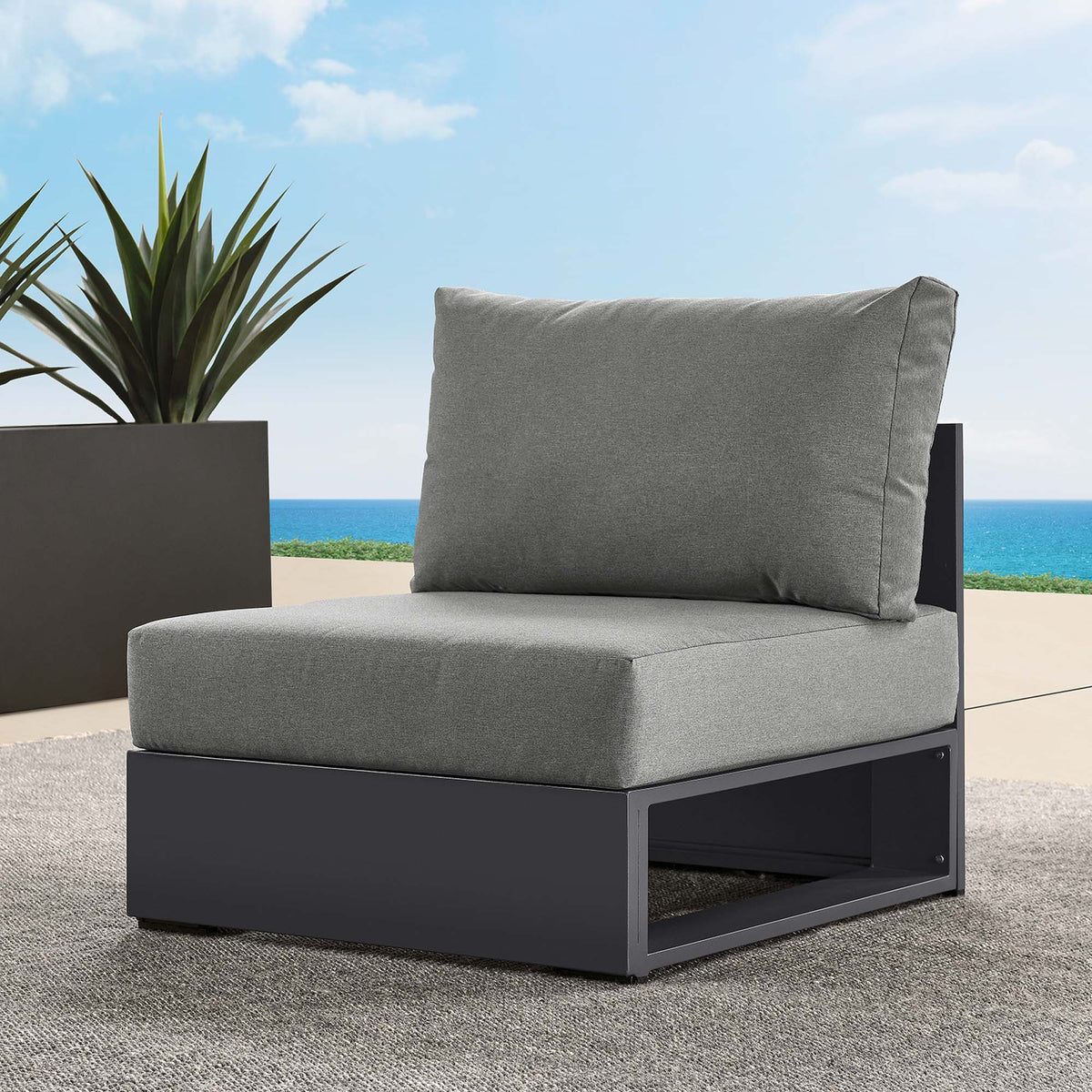 Tahoe Outdoor Patio Modular Armless Chair with powder-coated aluminum frame and grey cushions on Tampa Home & Garden Store