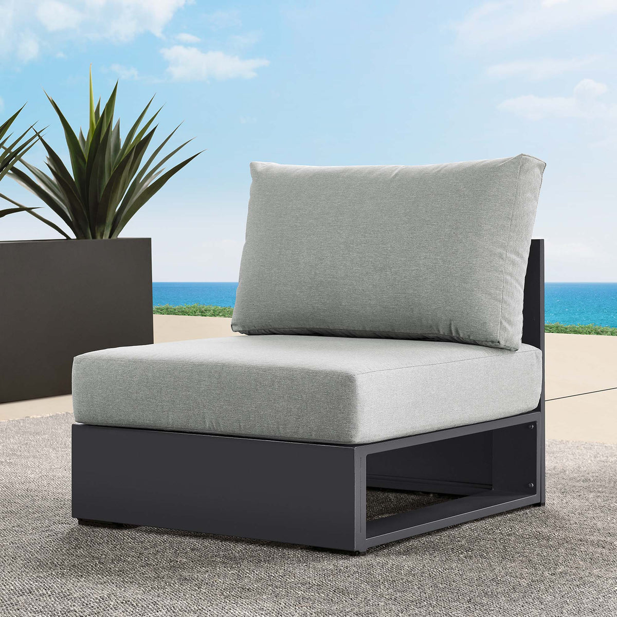 Tahoe outdoor modular armless chair in powder-coated aluminum with light gray cushions by Modway on Tampa Home & Garden Store