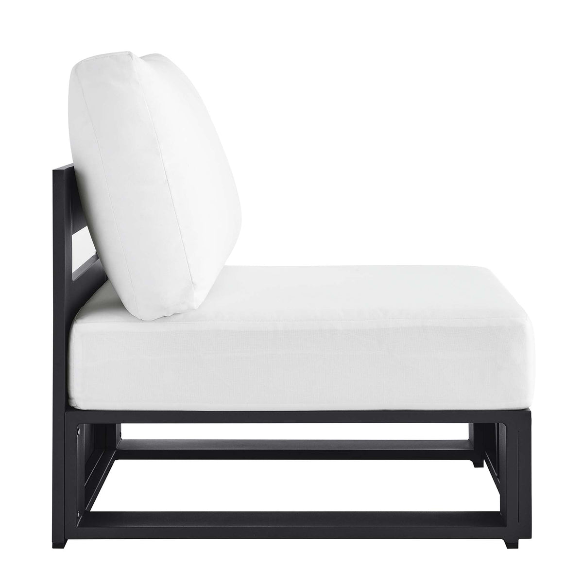 Tahoe Outdoor Armless Chair with white cushion on a powder-coated black aluminum frame on Tampa Home & Garden Store