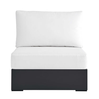 Tahoe outdoor armless chair cushions in white stacked on a black powder-coated aluminum base on Tampa Home & Garden Store
