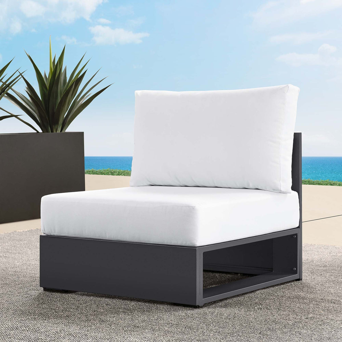 Tahoe outdoor armless chair by Modway, black aluminum frame with white cushions on Tampa Home & Garden Store