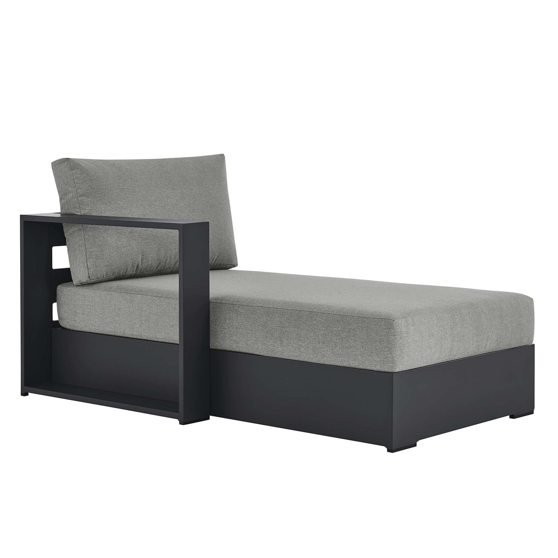 Tahoe Outdoor Left-Facing Chaise Lounge with black powdercoated aluminum frame and grey cushions on Tampa Home & Garden Store