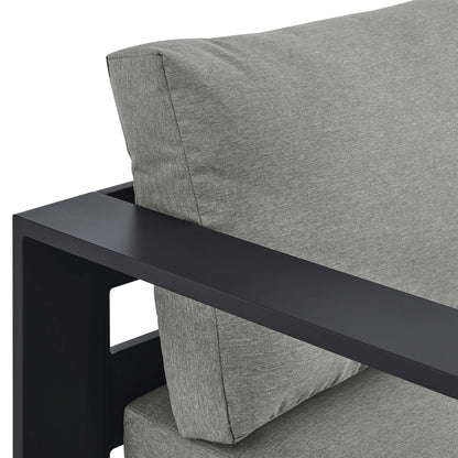 Tahoe left-facing chaise lounge with gray fabric cushions and aluminum powder-coated frame on Tampa Home & Garden Store