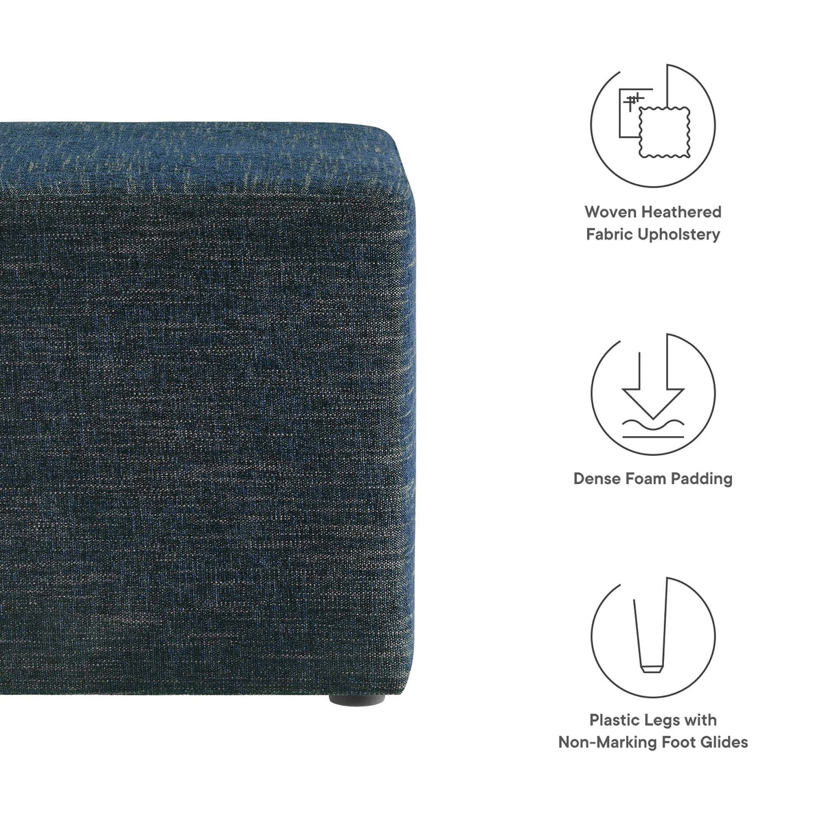 Callum 17in square woven heathered fabric ottoman indigo with foam padding and plastic legs on Tampa Home & Garden Store