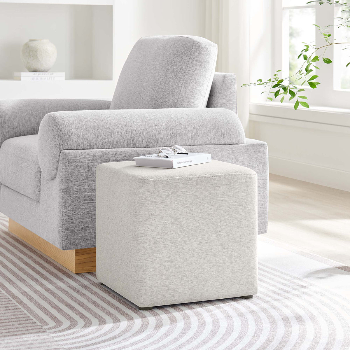 Callum 17in square woven heathered fabric ottoman by Modway in gray with wood base on Tampa Home & Garden Store