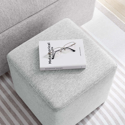 Callum 17in square woven heathered fabric upholstered ottoman light gray with textured weave on Tampa Home & Garden Store