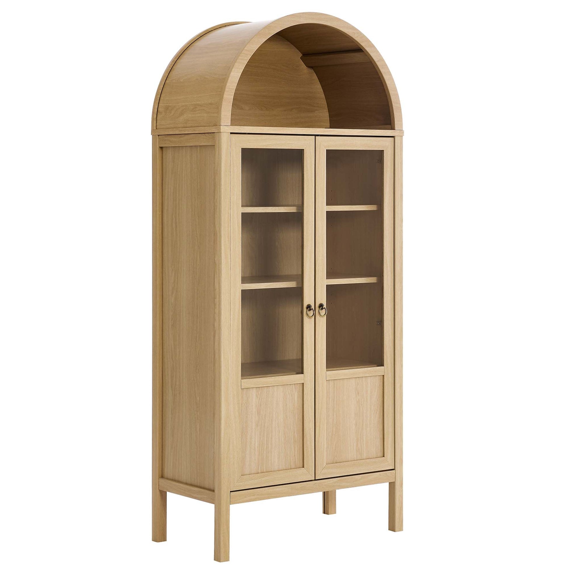 Tessa tall arched display cabinet in light oak with open arch top and glass-front lower doors on Tampa Home & Garden Store