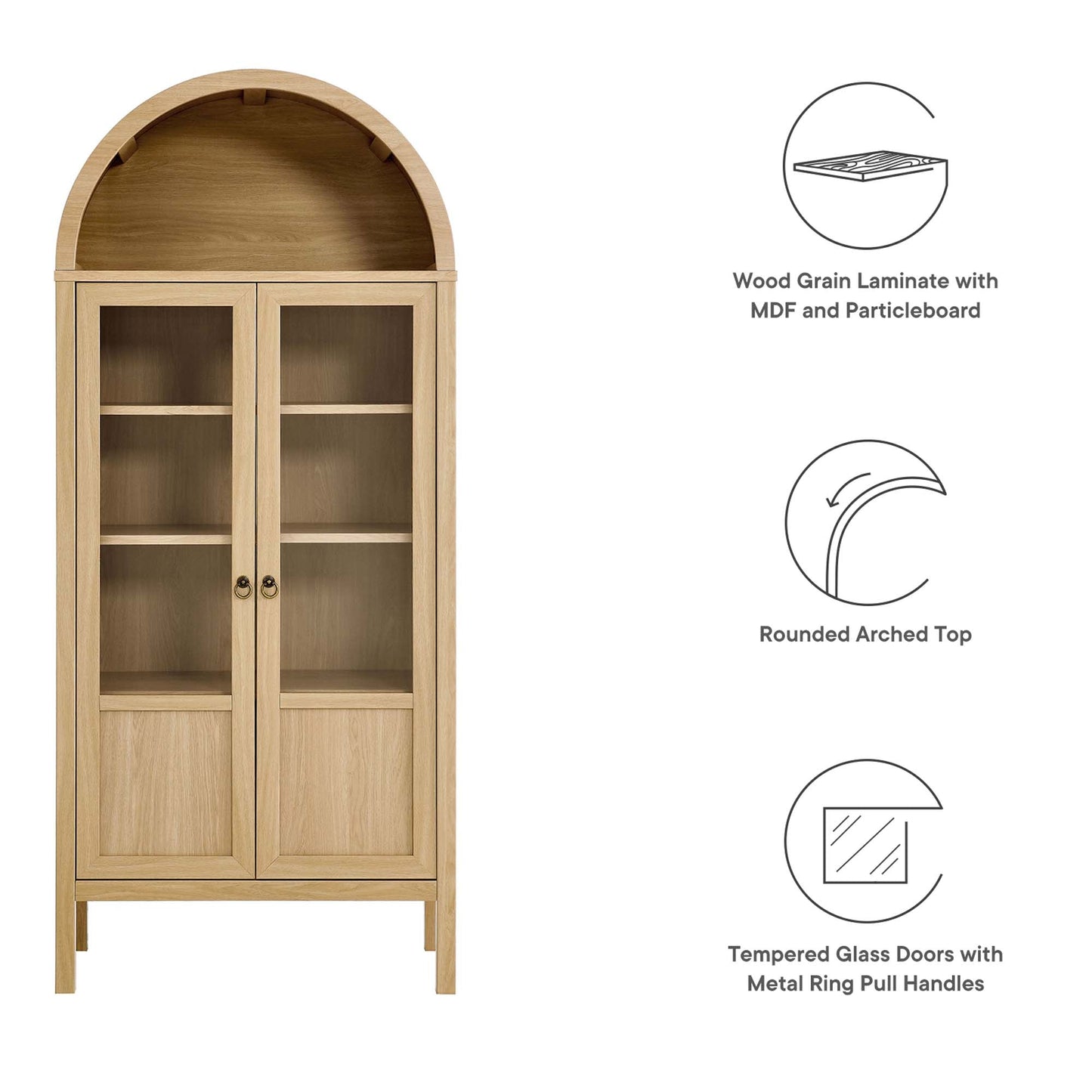Tessa Tall Arched Display Cabinet by Modway in light oak with glass doors and metal ring pulls on Tampa Home & Garden Store