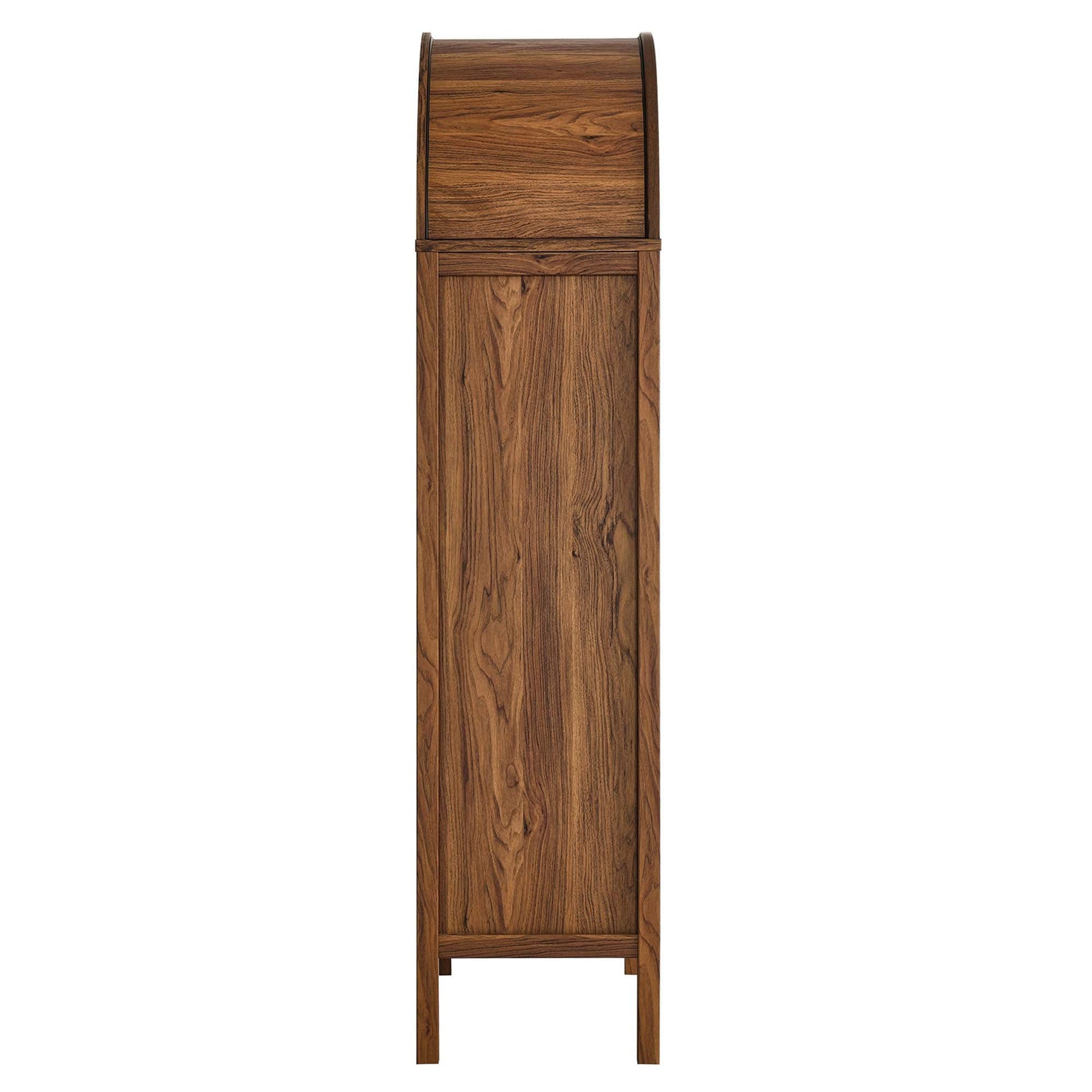 Tessa Tall Arched Storage Display Cabinet, walnut finish with curved roll-top lid on Tampa Home & Garden Store