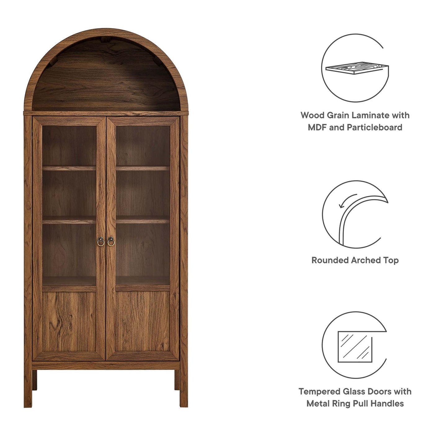Tessa Tall Arched Display Cabinet wood laminate with tempered glass doors and ring pulls Modway on Tampa Home & Garden Store