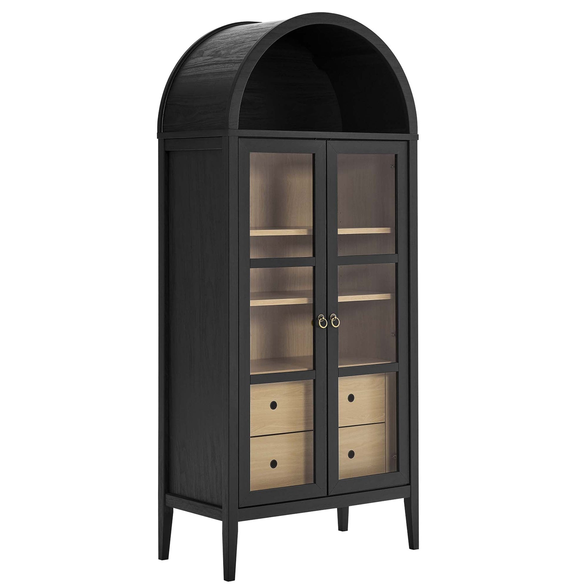 Nolan tall arched display cabinet by Modway, black wood with glass doors and gold hardware on Tampa Home & Garden Store