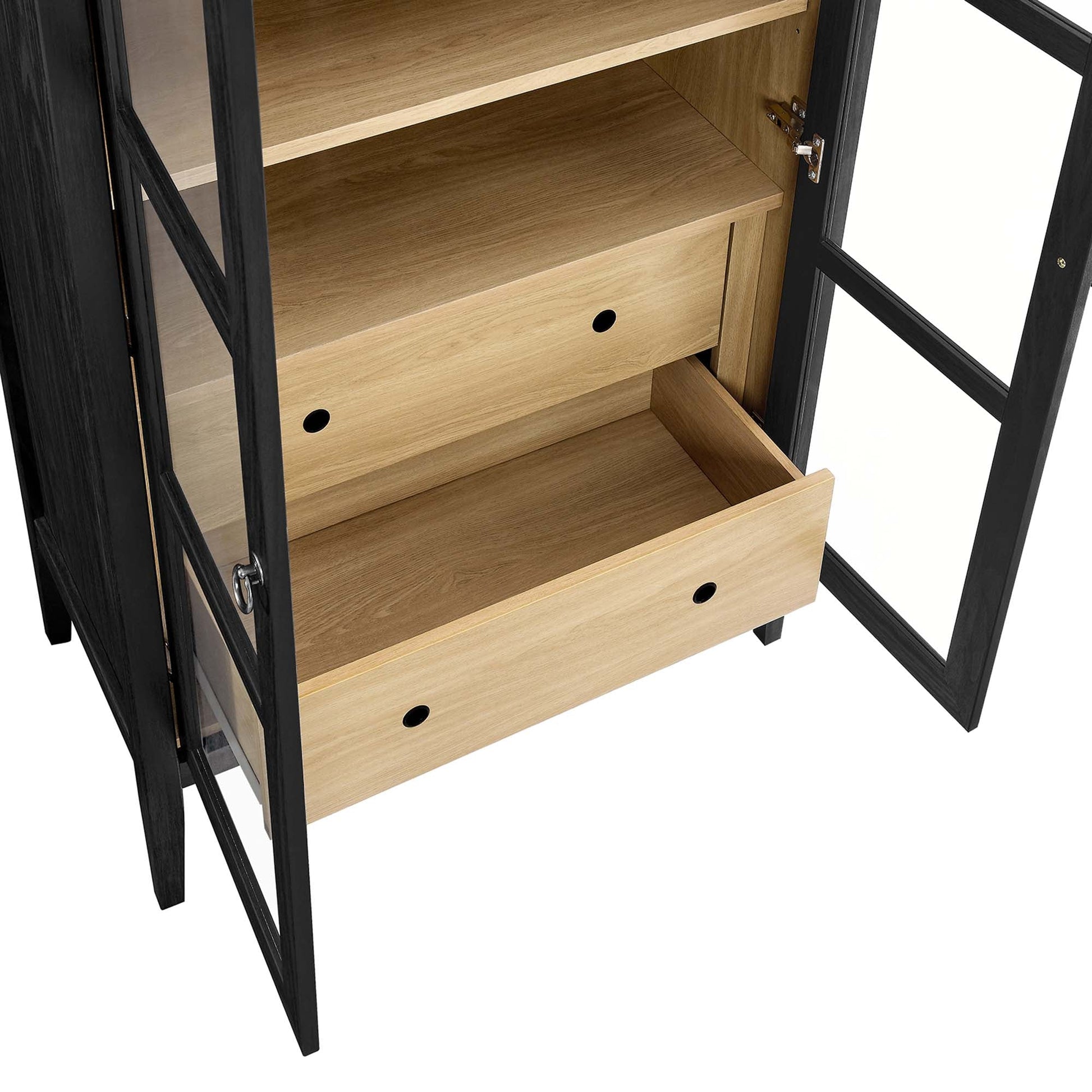 Modway Nolan tall arched storage cabinet with black metal frame and natural wood shelves and round-hole drawers on Tampa Home & Garden Store