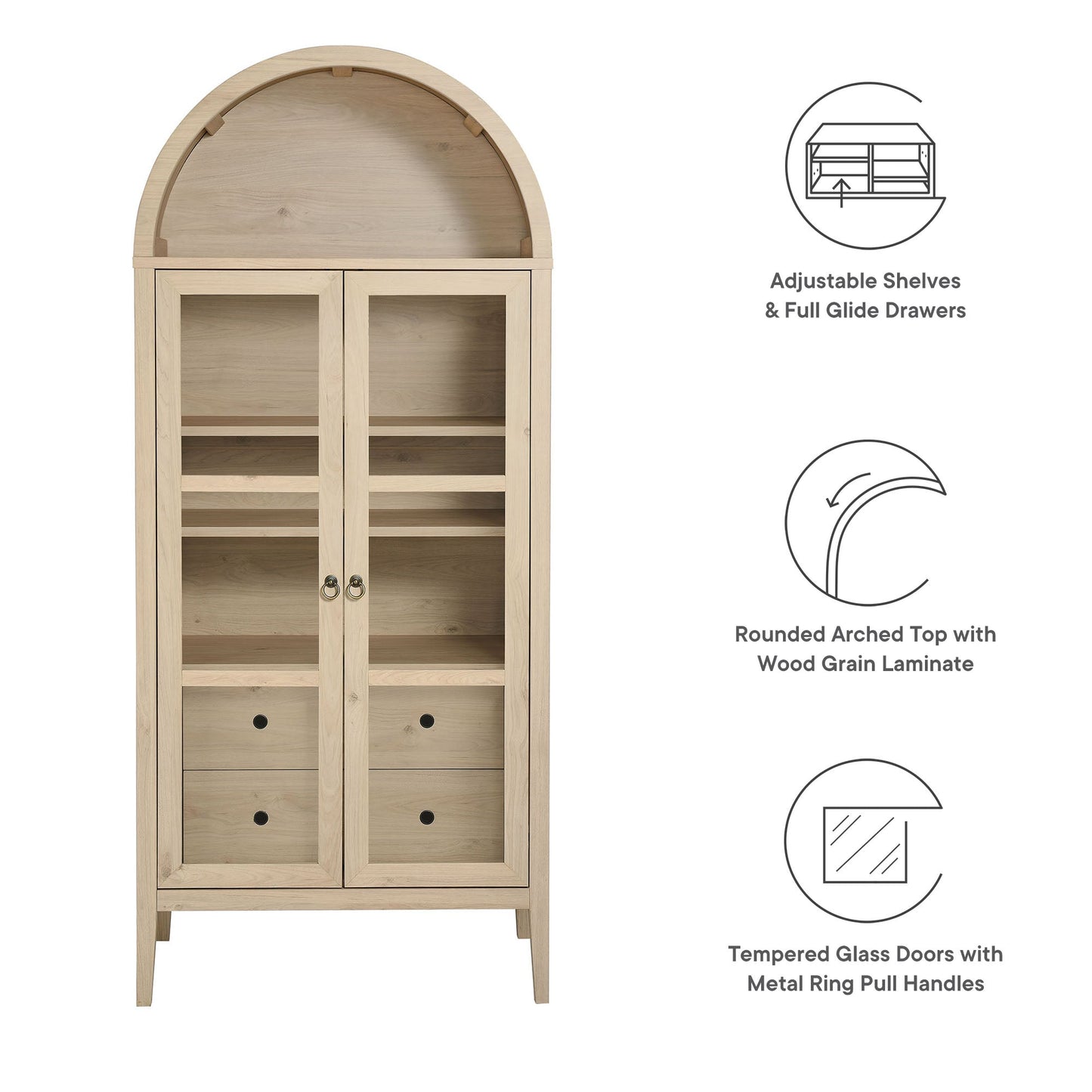 Nolan arched display cabinet in light wood laminate with glass doors and shelves on Tampa Home & Garden Store
