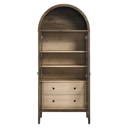 Nolan Tall Arched Storage Display Cabinet in dark wood with glass doors and shelves on Tampa Home & Garden Store