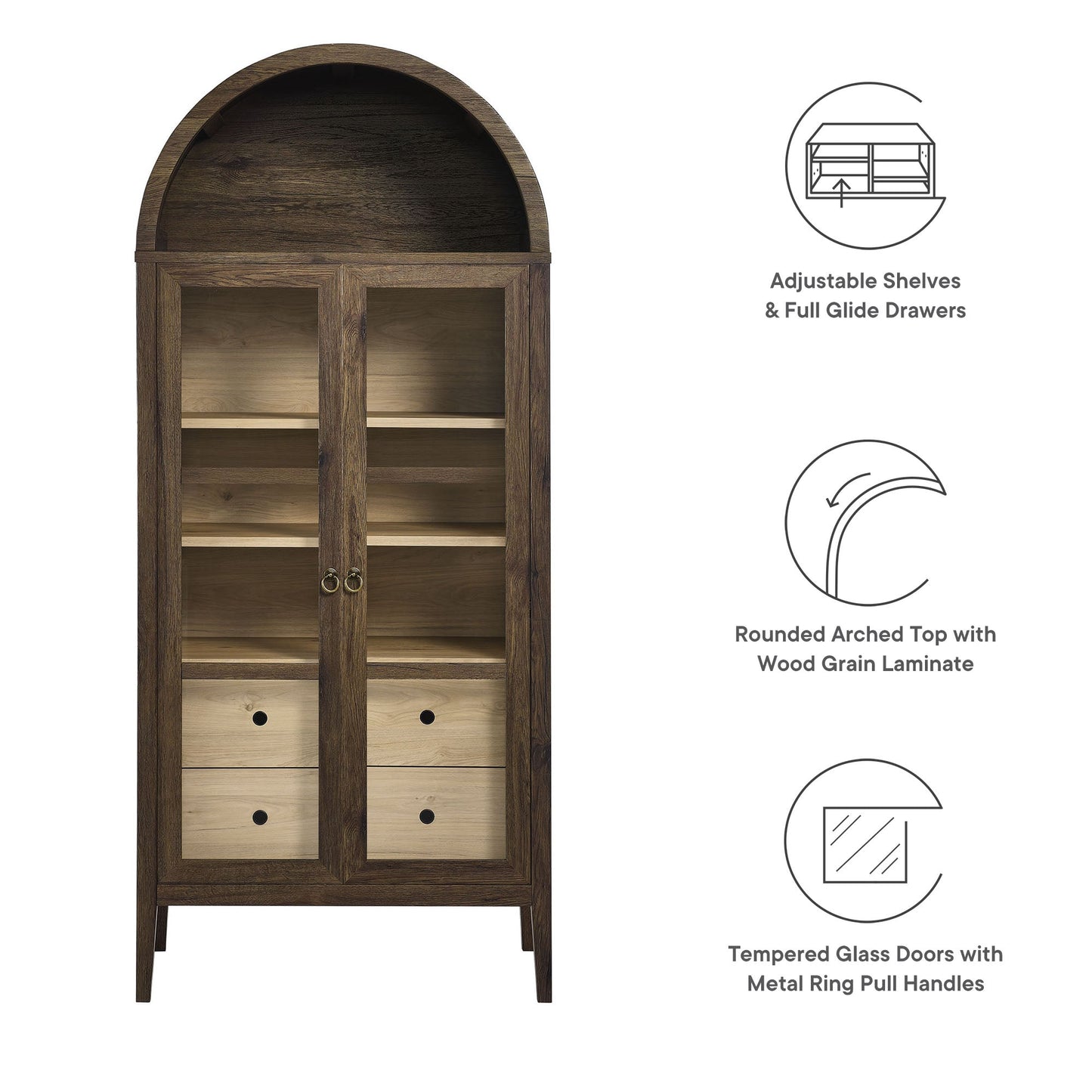 Nolan tall arched storage display cabinet by Modway in dark wood finish with glass doors on Tampa Home & Garden Store