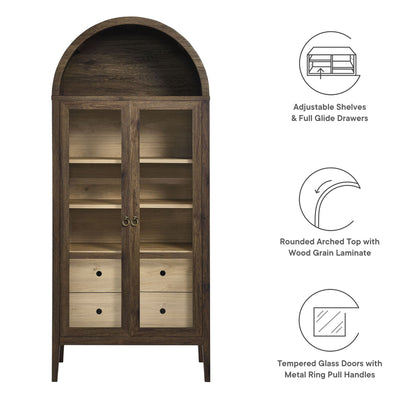 Nolan tall arched storage display cabinet by Modway in dark wood finish with glass doors on Tampa Home & Garden Store