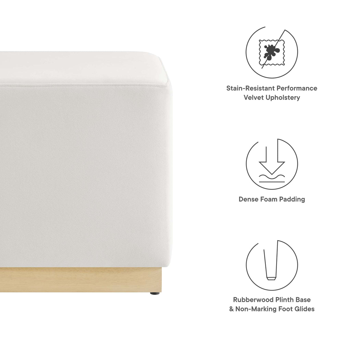 Tilden 17" Square Performance Velvet Upholstered Ottoman in beige velvet with wood base on Tampa Home & Garden Store