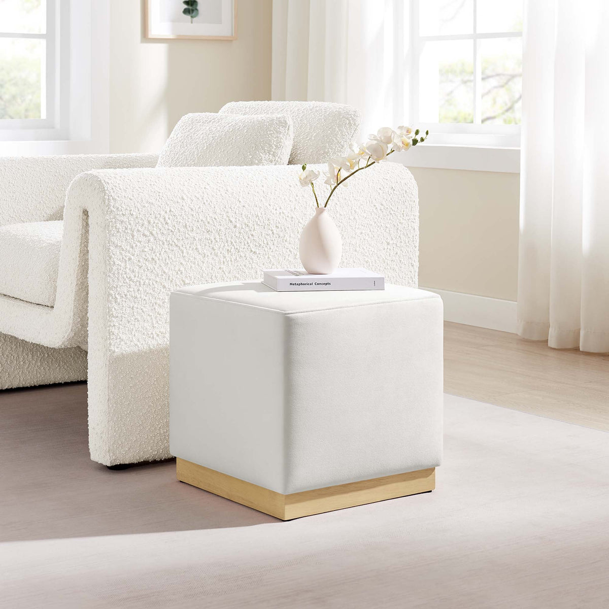 Tilden 17-inch square performance velvet ottoman with white upholstery and wood base by Modway on Tampa Home & Garden Store