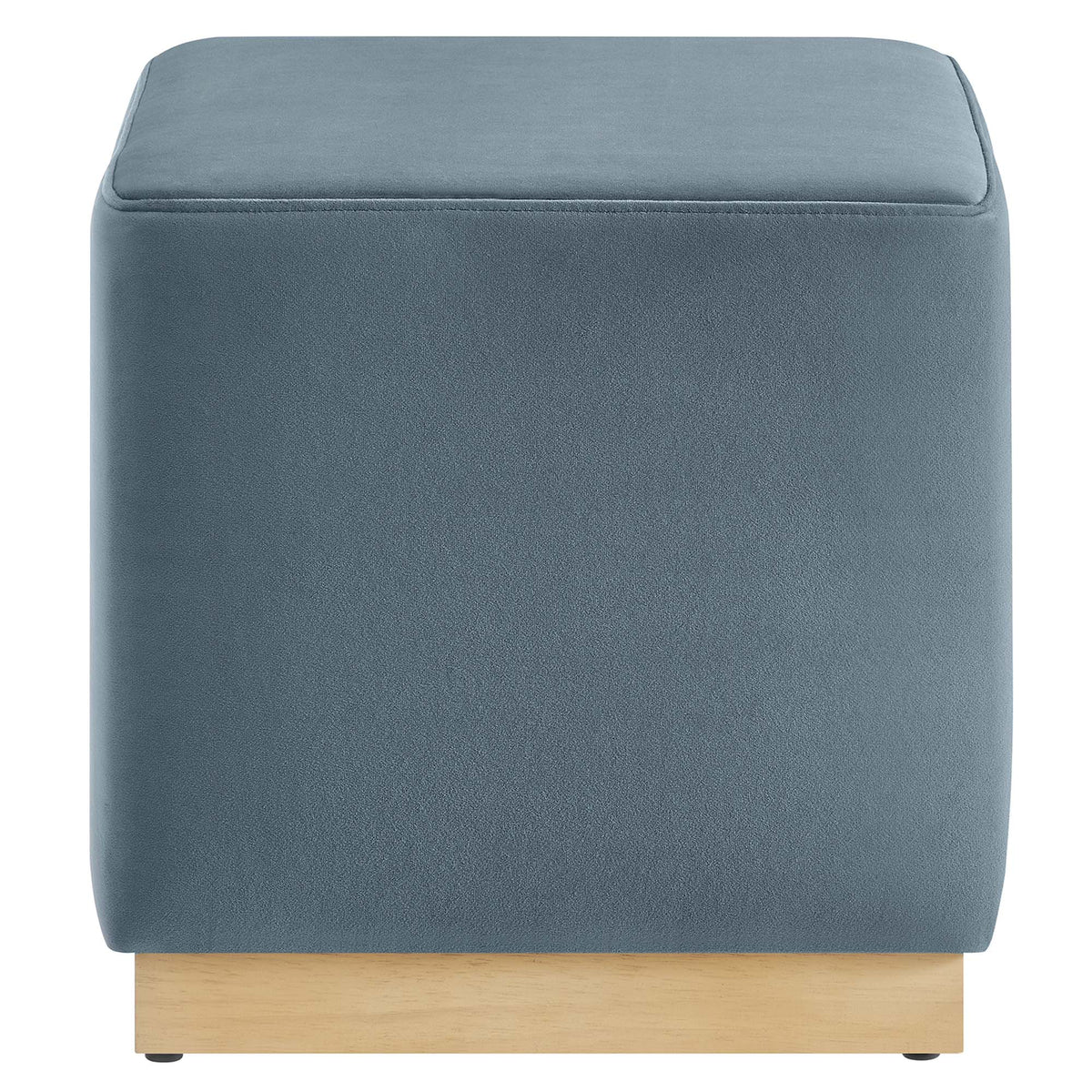 Tilden 17in square performance velvet upholstered ottoman in blue with light wood base on Tampa Home & Garden Store