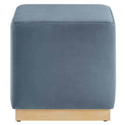 Tilden 17in square performance velvet upholstered ottoman in blue with light wood base on Tampa Home & Garden Store