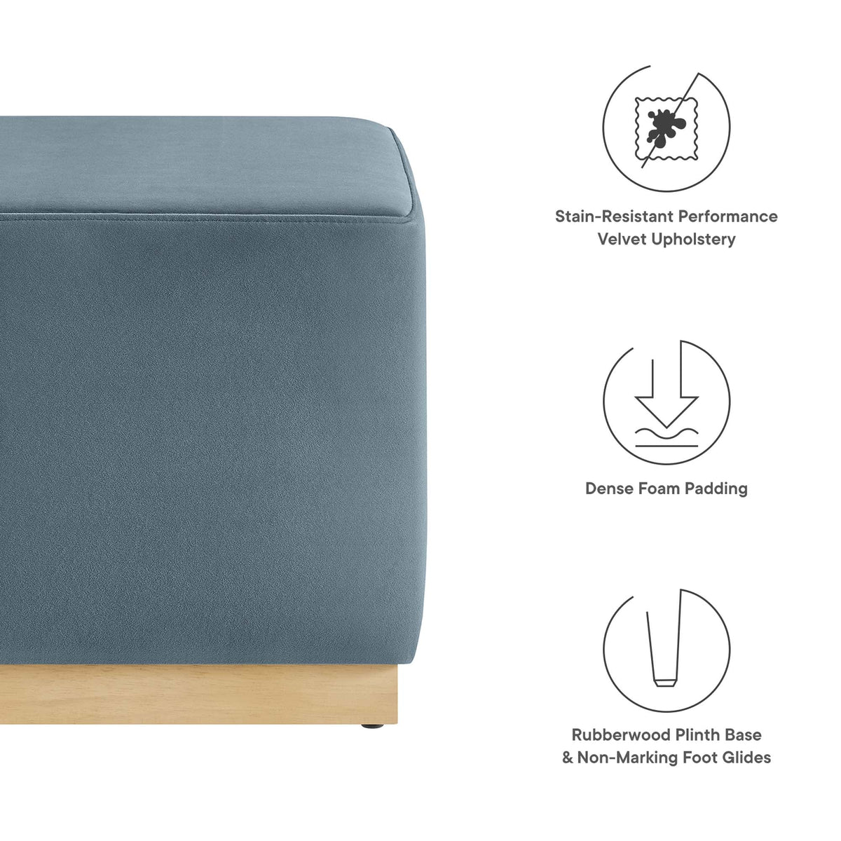 Tilden 17in square velvet upholstered ottoman in blue with rubberwood base on Tampa Home & Garden Store