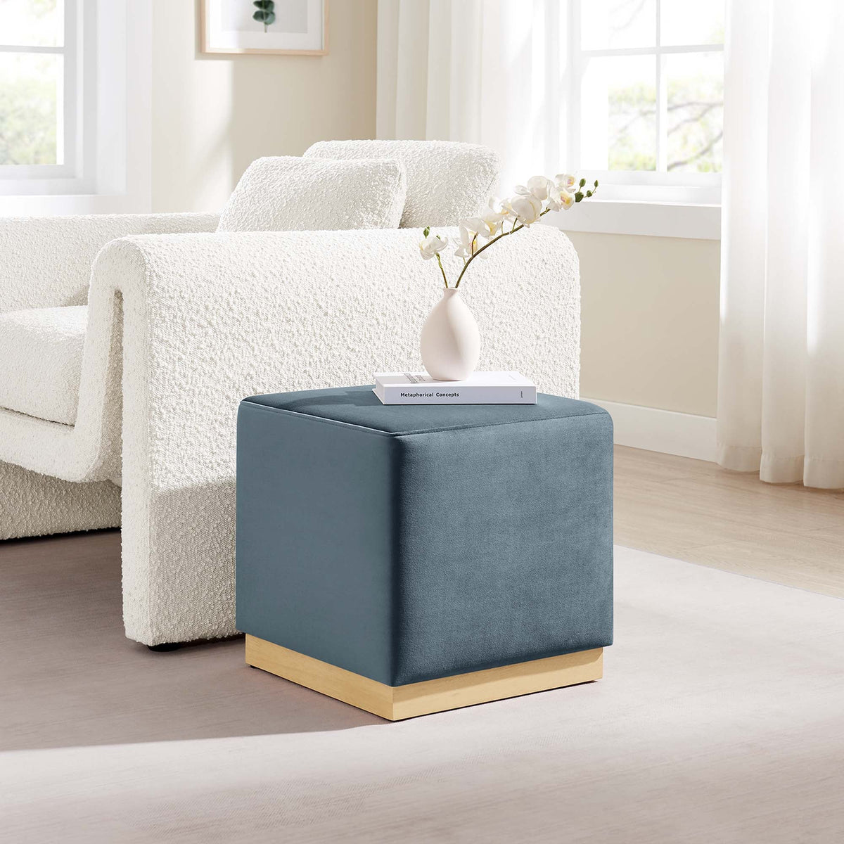 Tilden 17in square velvet ottoman in blue with wood base on Tampa Home & Garden Store