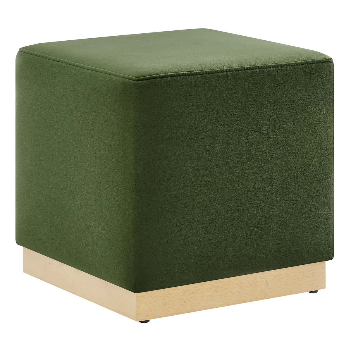 Tilden 17-inch square performance velvet upholstered ottoman in olive green with natural wood base on Tampa Home & Garden Store