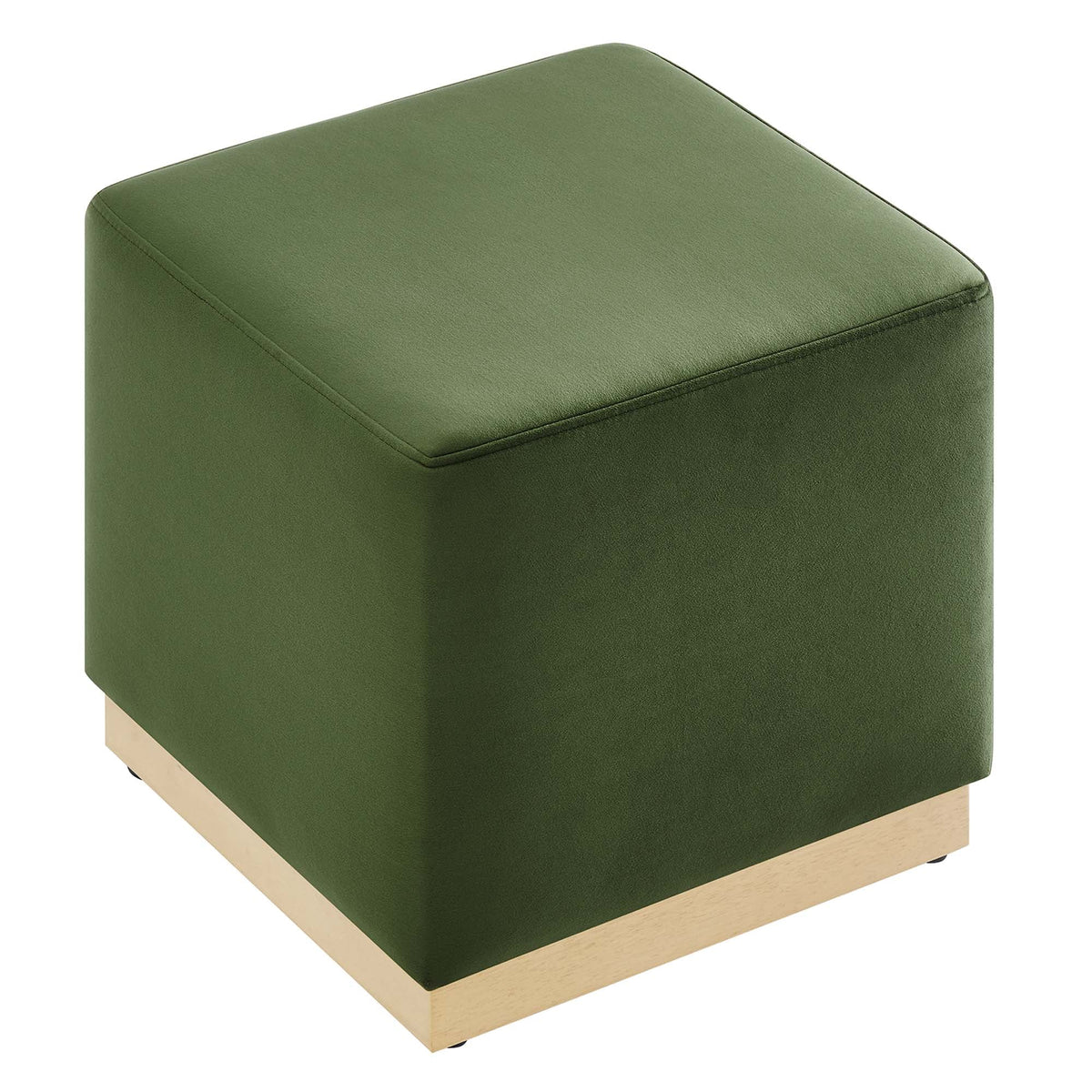 Tilden 17in square performance velvet ottoman olive green with natural wood base on Tampa Home & Garden Store