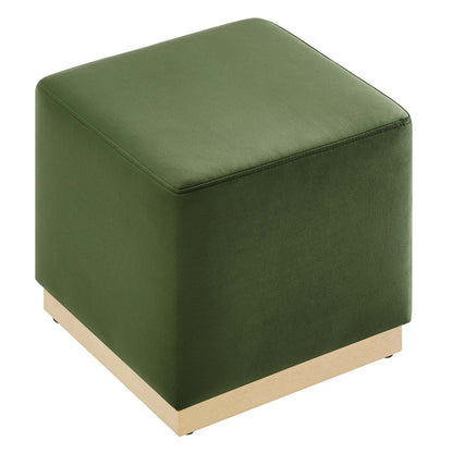 Tilden 17in square performance velvet ottoman olive green with natural wood base on Tampa Home & Garden Store