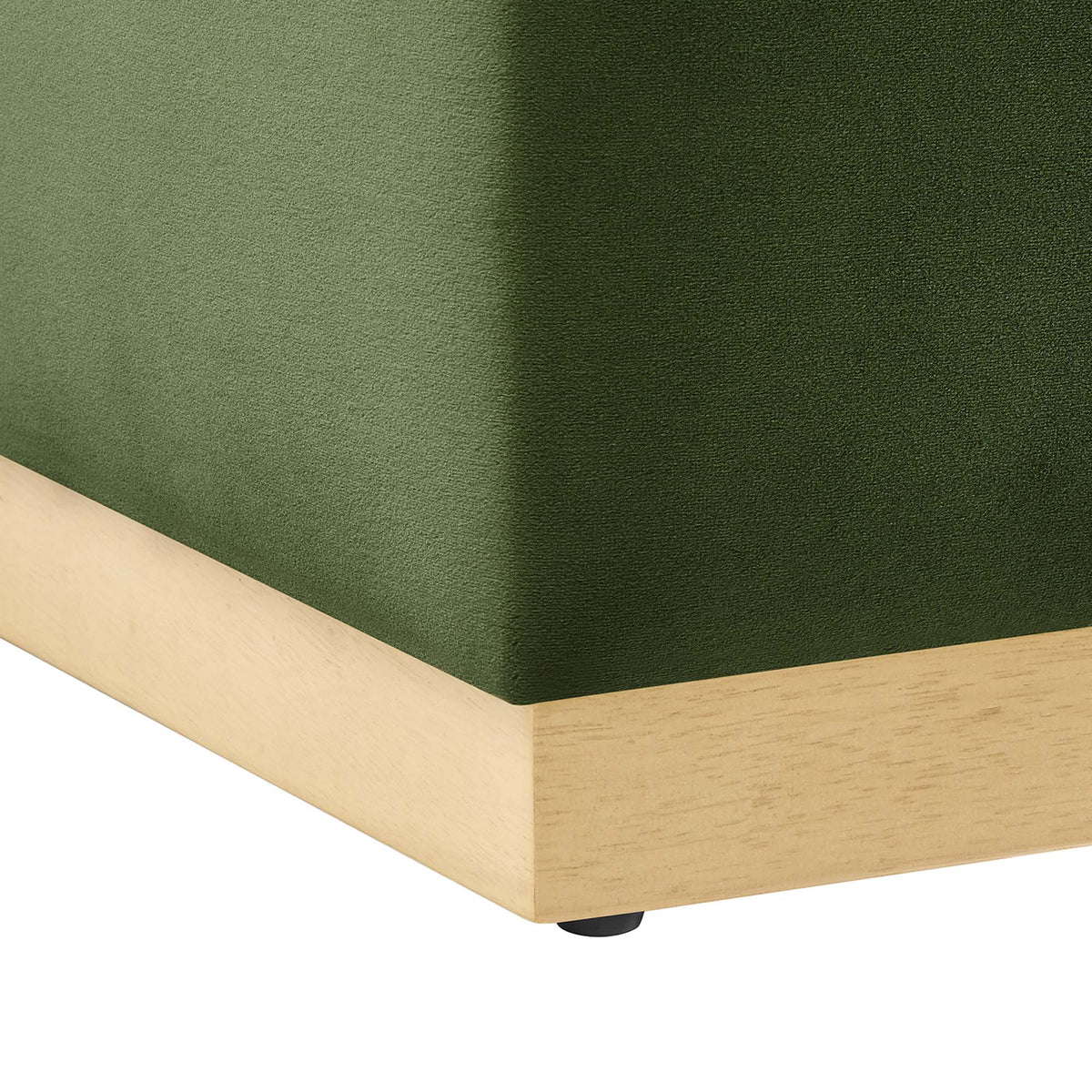 Tilden 17in square performance velvet upholstered ottoman in green with light wood base on Tampa Home & Garden Store