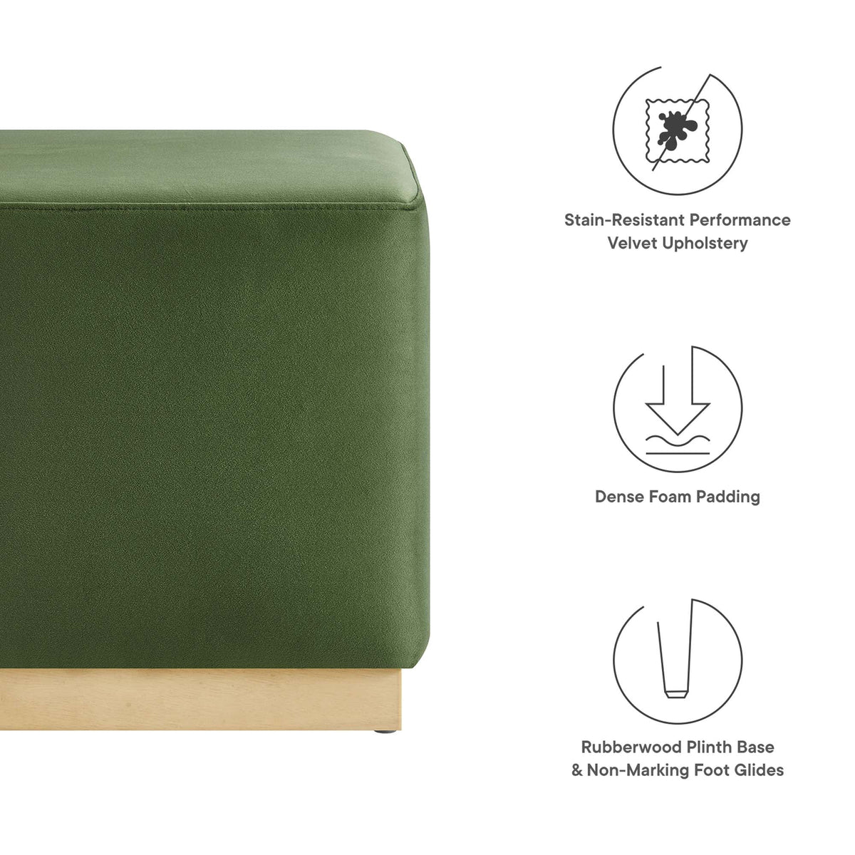 Tilden 17in square performance velvet upholstered ottoman in olive green with light wood base on Tampa Home & Garden Store