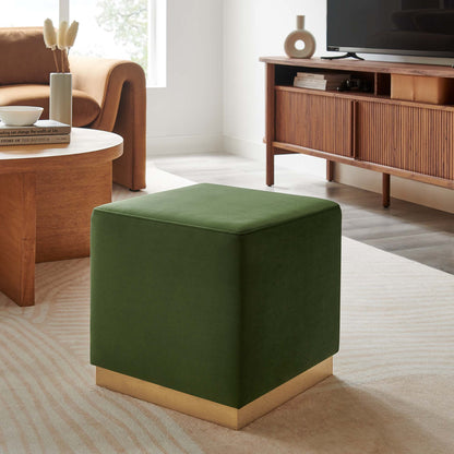 Tilden 17" Square Performance Velvet Upholstered Ottoman in green with a wooden base in a living room on Tampa Home & Garden Store