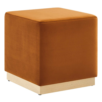 Tilden 17in square performance velvet upholstered ottoman burnt orange with natural wood base on Tampa Home & Garden Store