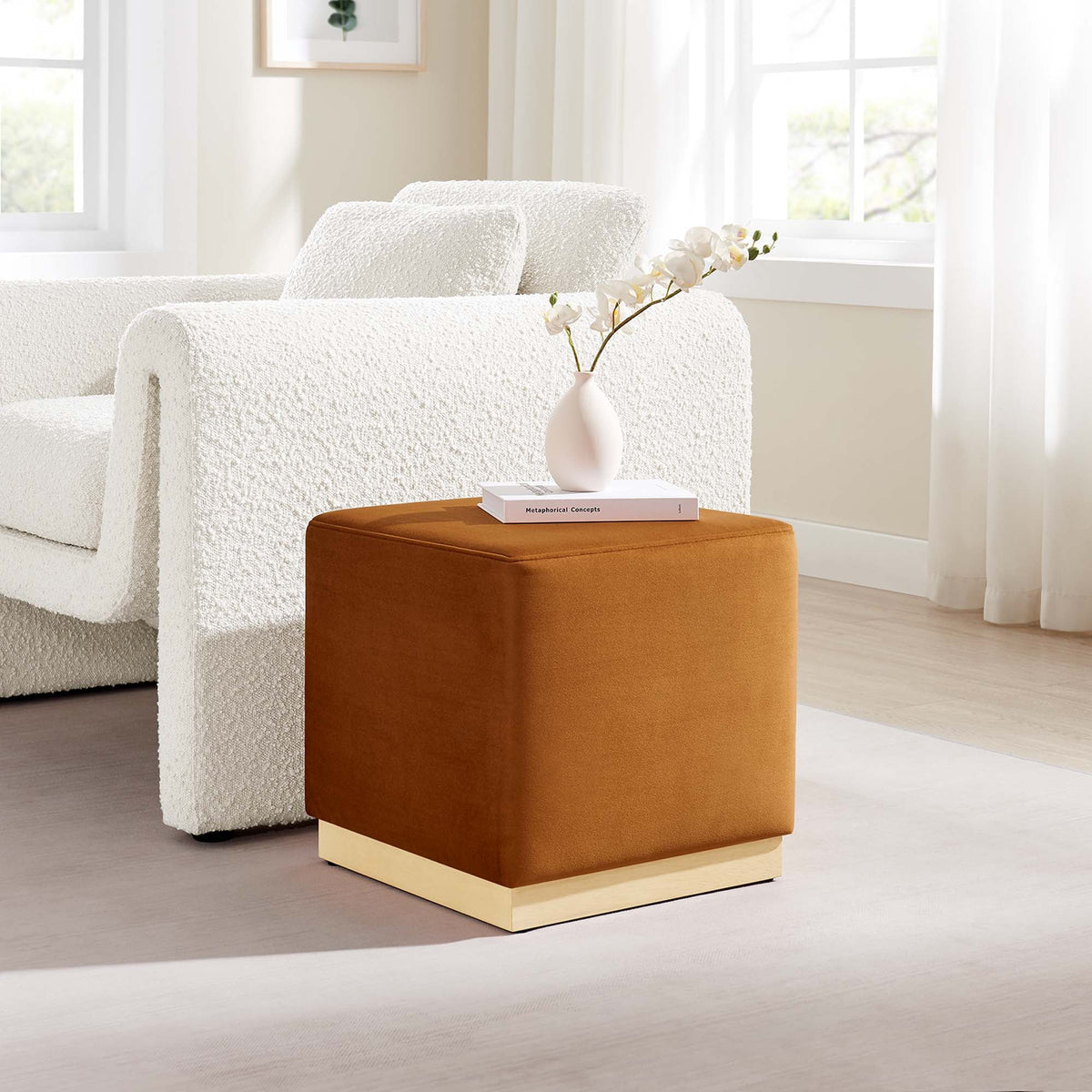 Tilden 17in square performance velvet ottoman by Modway in warm rust orange with light wood base on Tampa Home & Garden Store