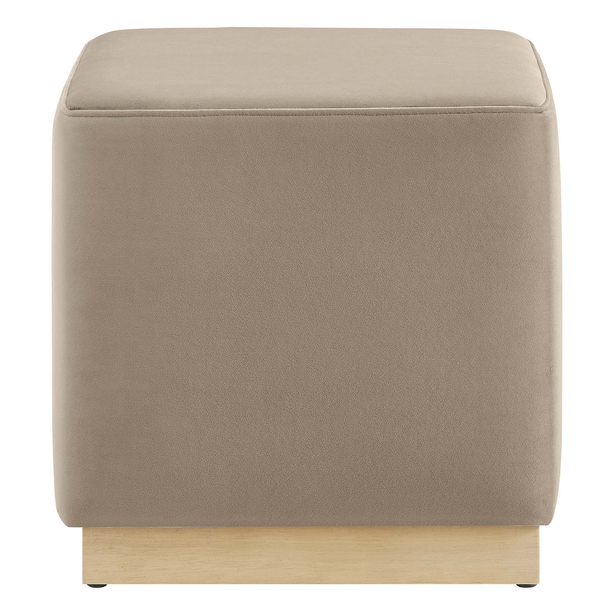 Tilden 17-inch square performance velvet ottoman in tan beige with a light wood base on Tampa Home & Garden Store