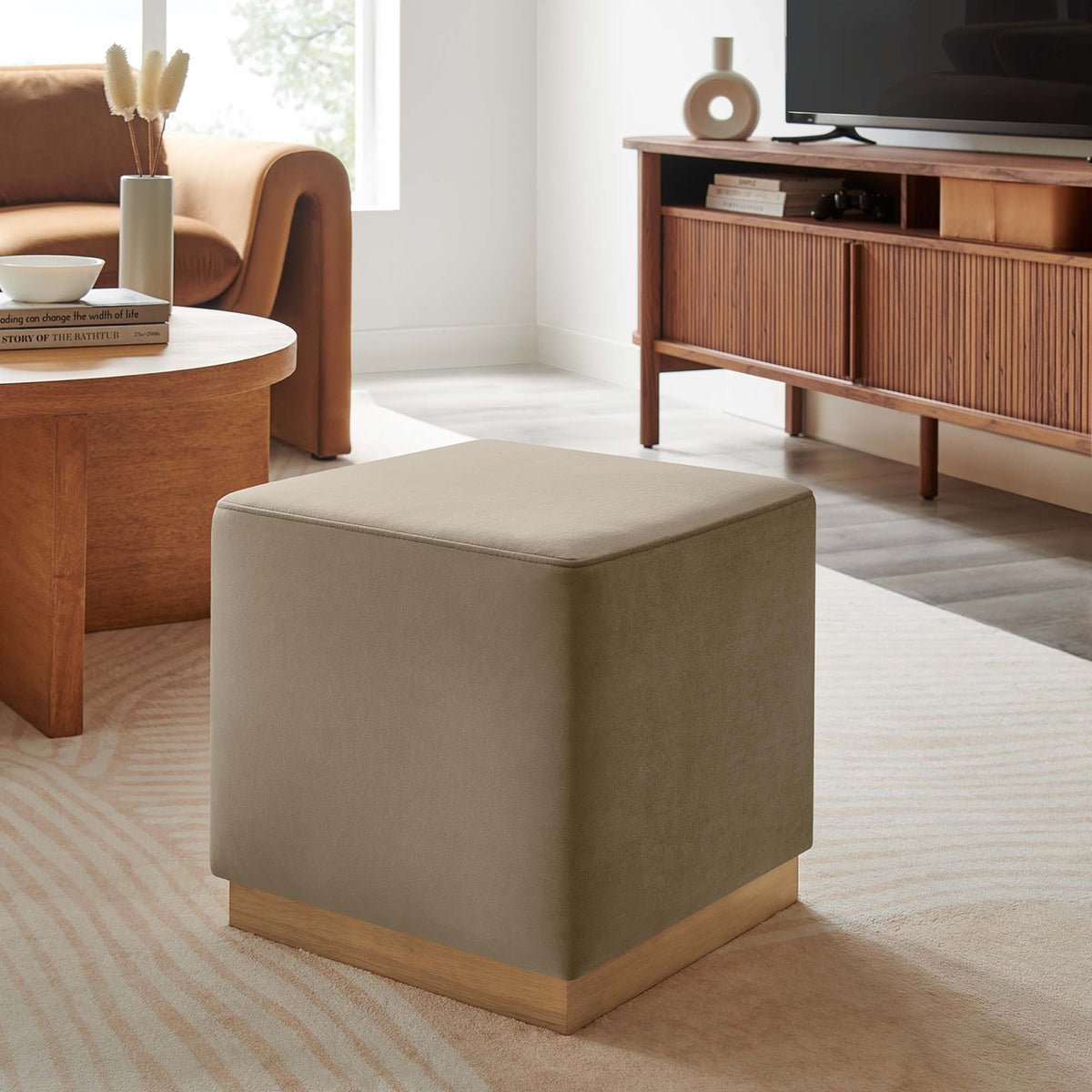 Tilden 17in square performance velvet upholstered ottoman by Modway in taupe beige on Tampa Home & Garden Store