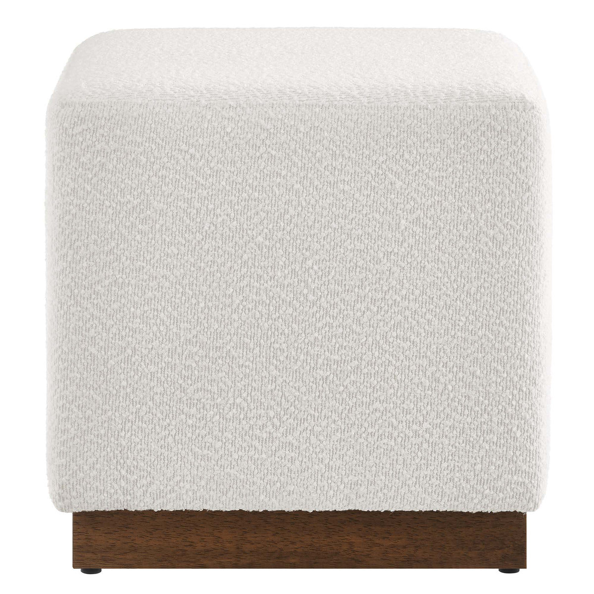 Tilden 17in square boucle upholstered ottoman in ivory fabric with dark wood base on Tampa Home & Garden Store