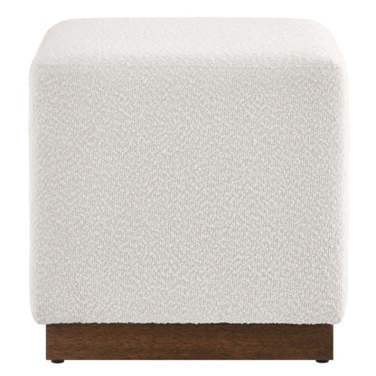 Tilden 17in square boucle upholstered ottoman in ivory fabric with dark wood base on Tampa Home & Garden Store