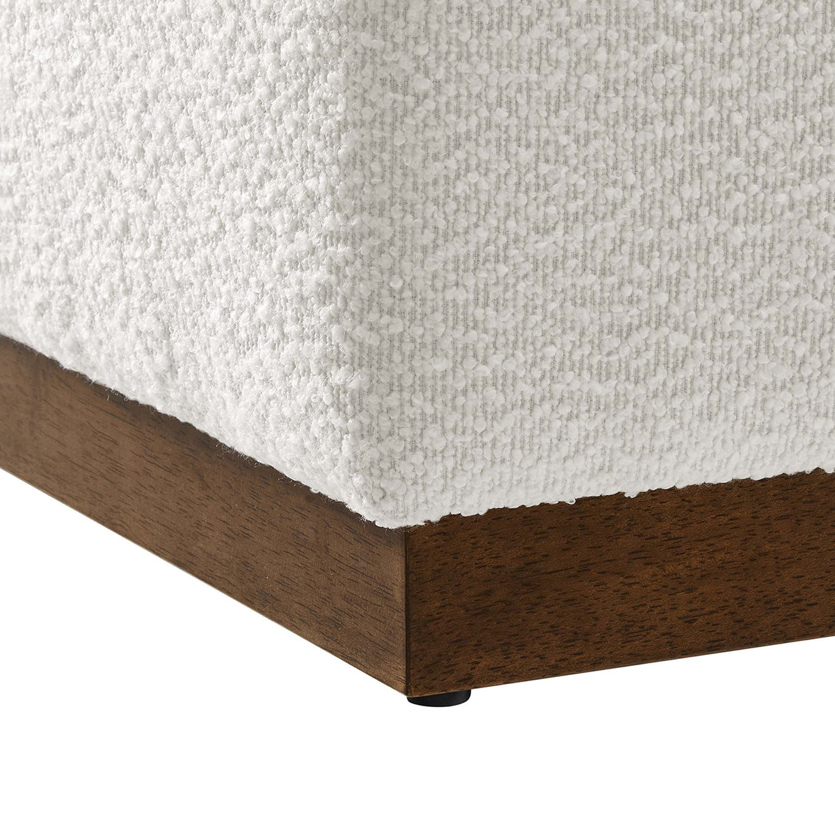 Tilden 17-inch square boucle ottoman white fabric with dark wood base on Tampa Home & Garden Store
