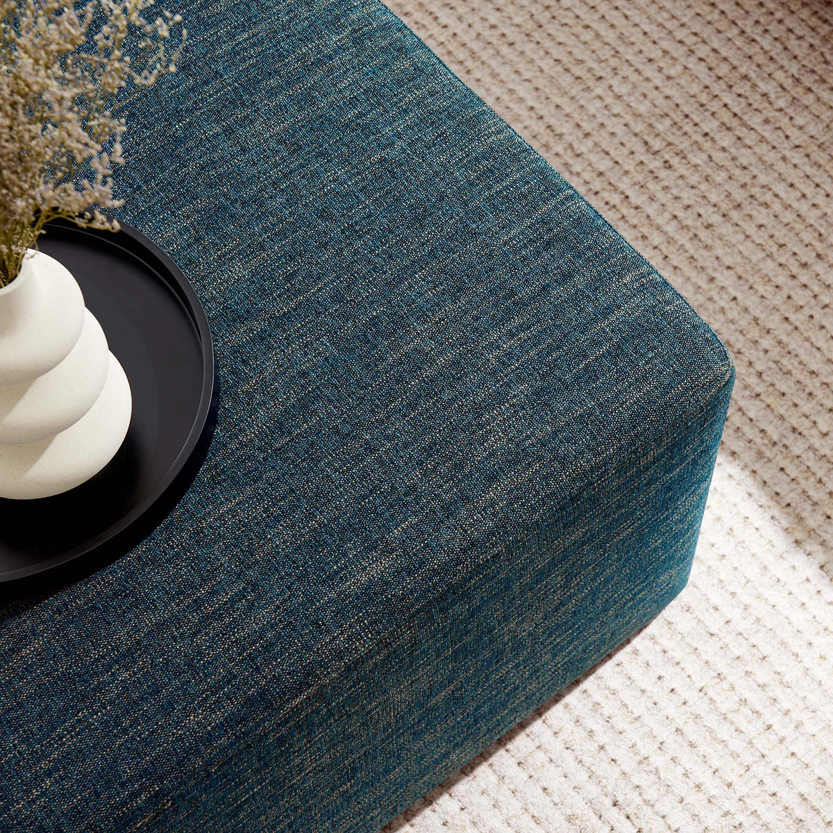 Callum Large 28in square woven heathered fabric ottoman by Modway in blue on beige carpet on Tampa Home & Garden Store