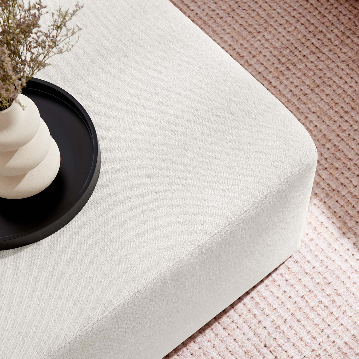 Callum Large 28-inch Square Woven Heathered Cream Fabric Ottoman with black tray on Tampa Home & Garden Store